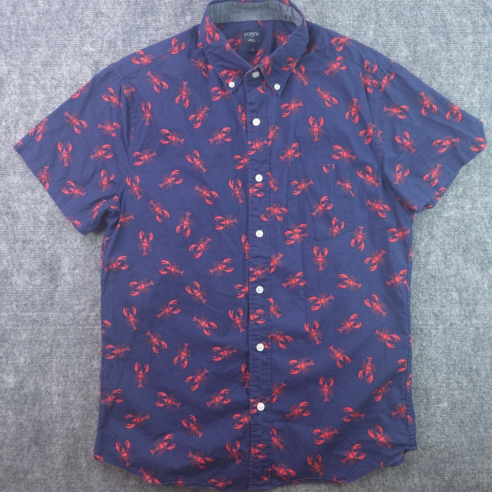 J‎ Crew Shirt Medium Blue Red Crab Geometric Short Sleeve Button Down